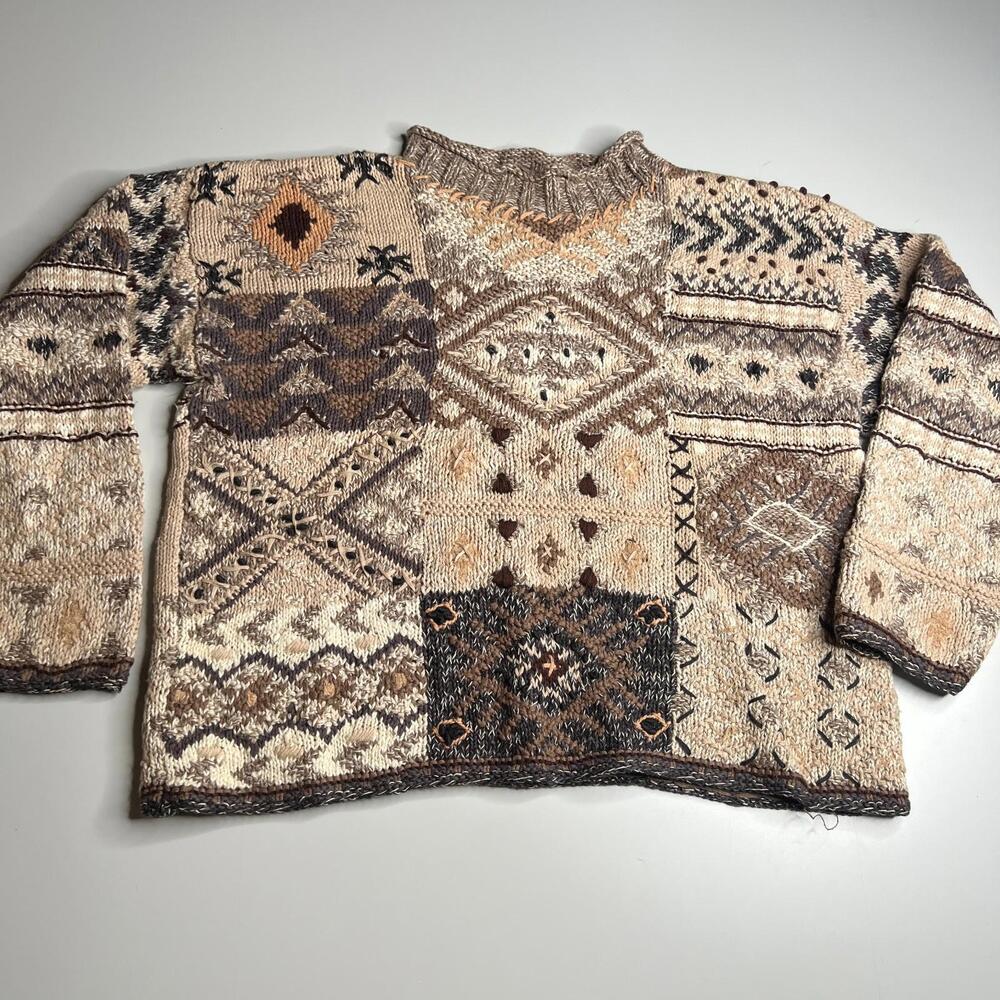Vintage Casual Corner Hand Knit Sweater Patchwork Geometric Boho 90s Brown Beige